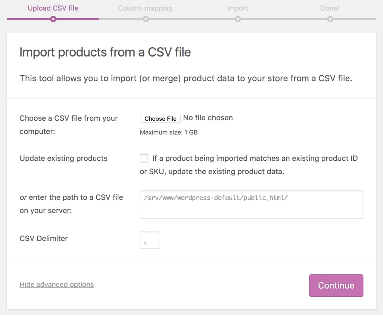 WooCommerce product import screen