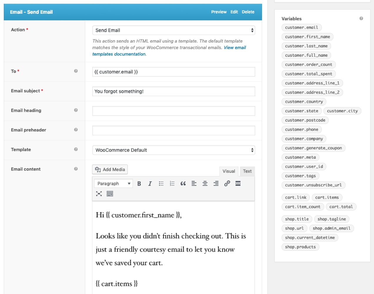 screenshot from AutomateWoo of creating an abandoned cart email