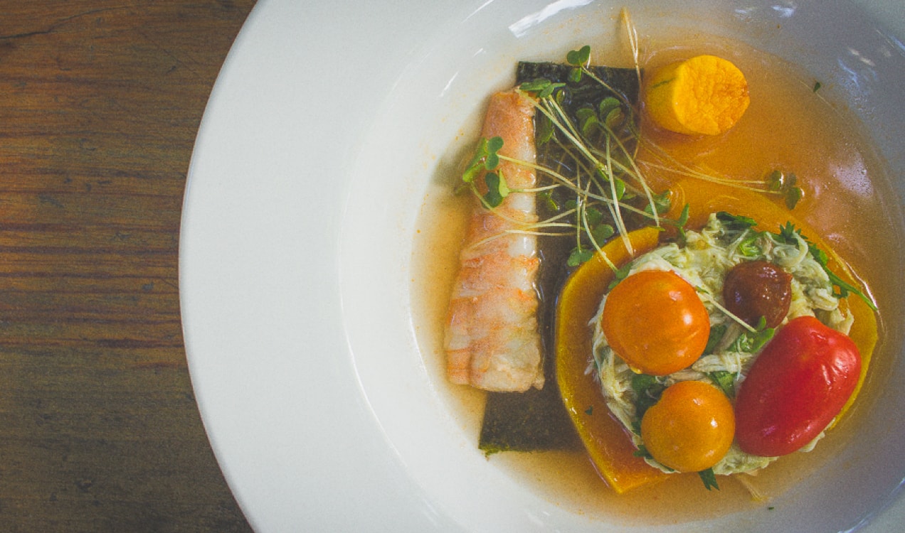 Bowl of food at Eden East in a white dish