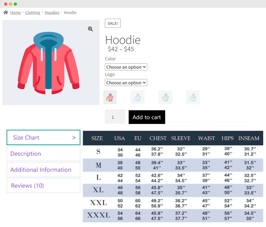 size chart for woocommerce