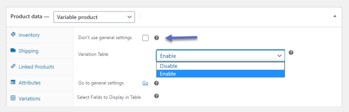 WooCommerce variation table