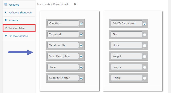 WooCommerce variation table