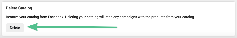 Facebook "Delete Catalog" button