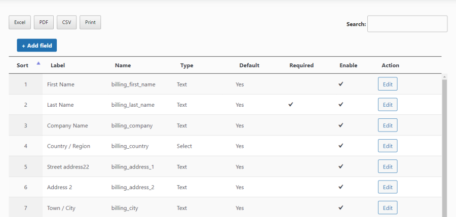 Add 15 different types of fields, and edit, hide, or delete them as needed. Moreover, you can also apply conditions, customize field labels, and apply field validation.s from WooCommerce dashboard