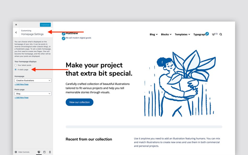 Matthew theme: Homepage settings in the Customizer