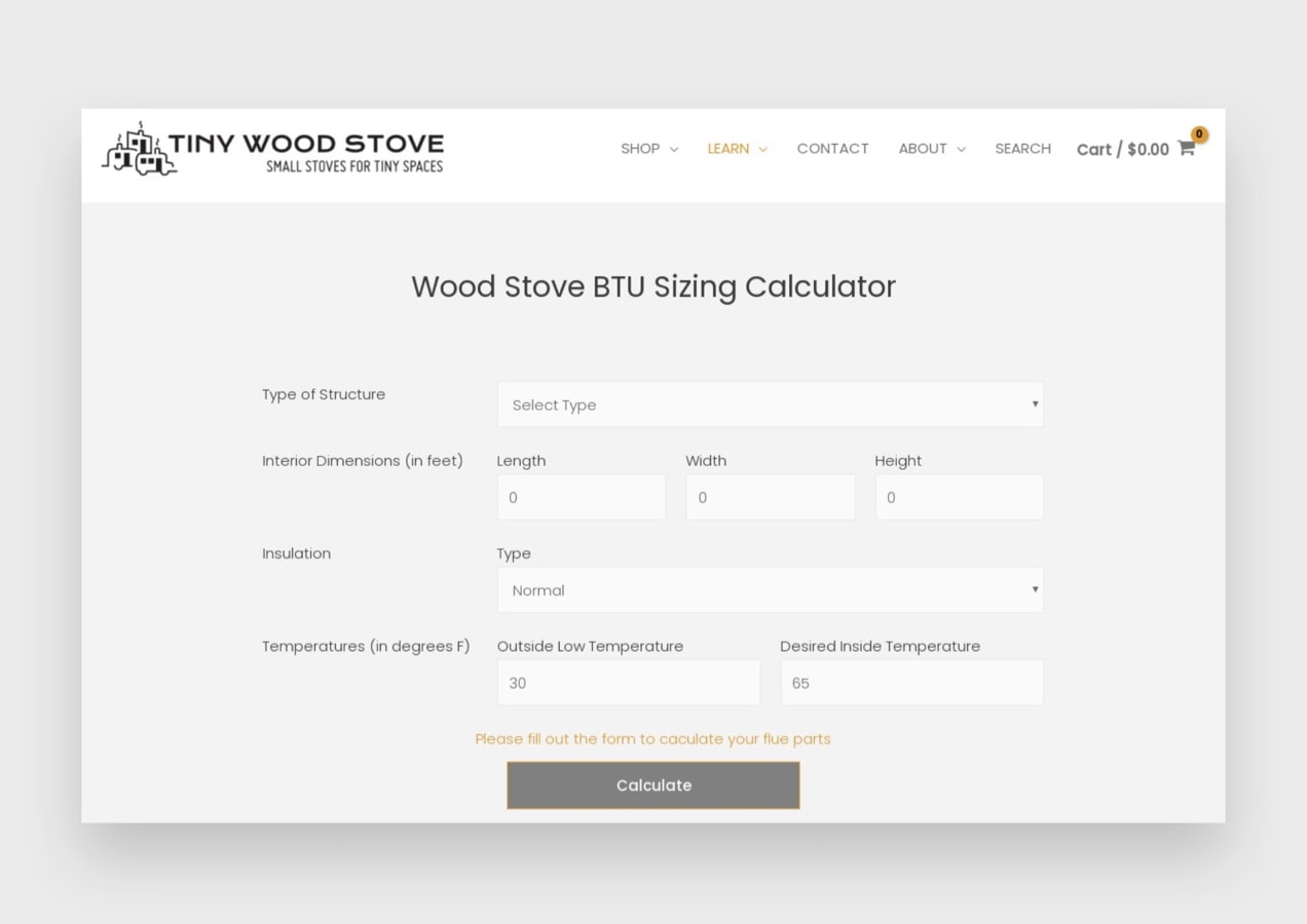 stove size calculator on the website