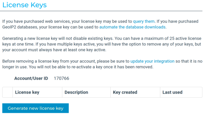 MaxMind license keys page