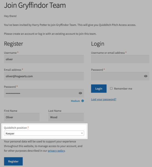 Profile field on the team member registration form.