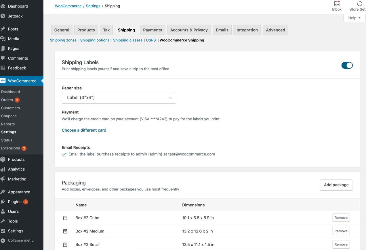 shipping label settings in the WooCommerce dashboard