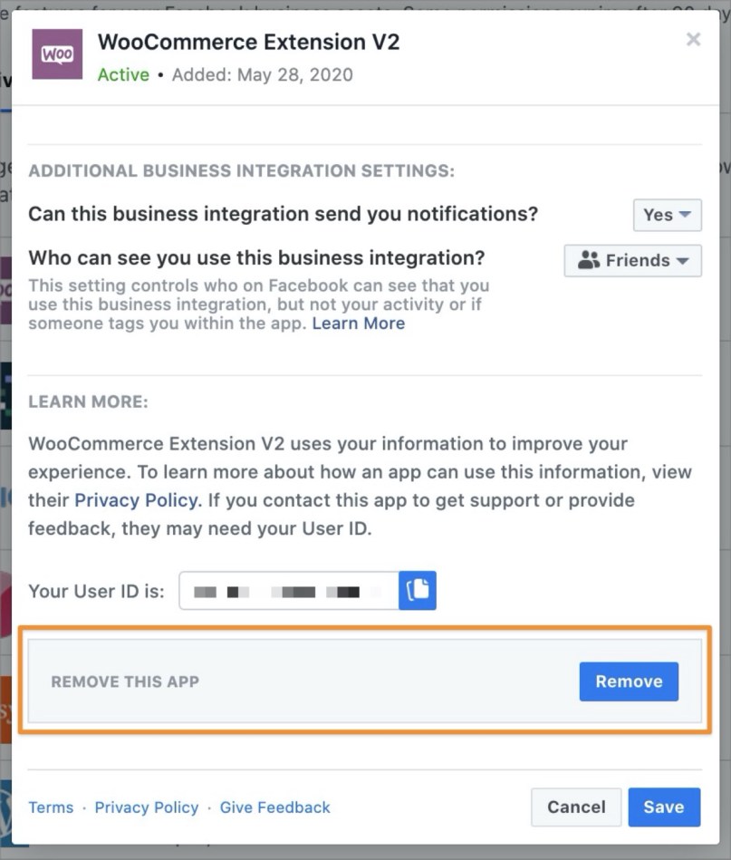 Remove WooCommerce Extension V2 app from Facebook