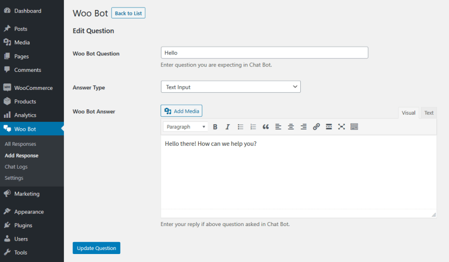 Woo Bot - Add / Edit Response