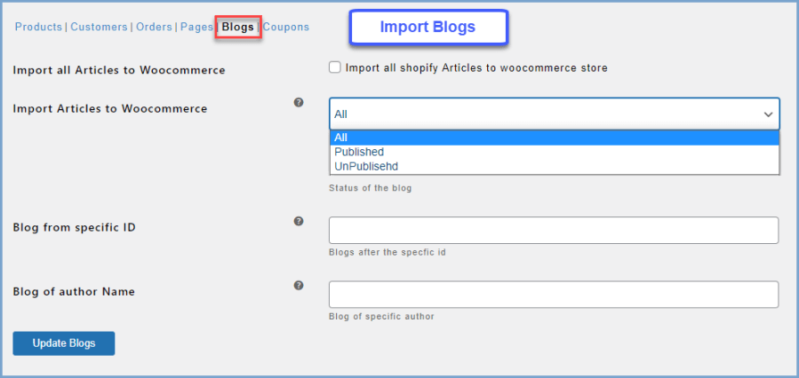 Import pages, blogs, and customers - Import Blogs