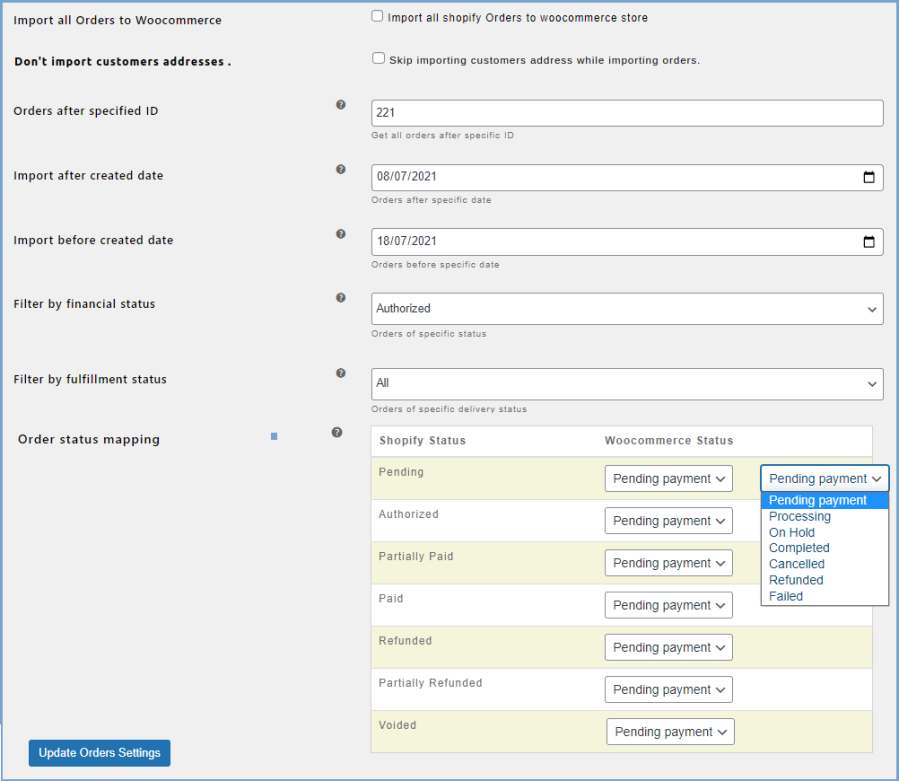 Import specific orders using filters