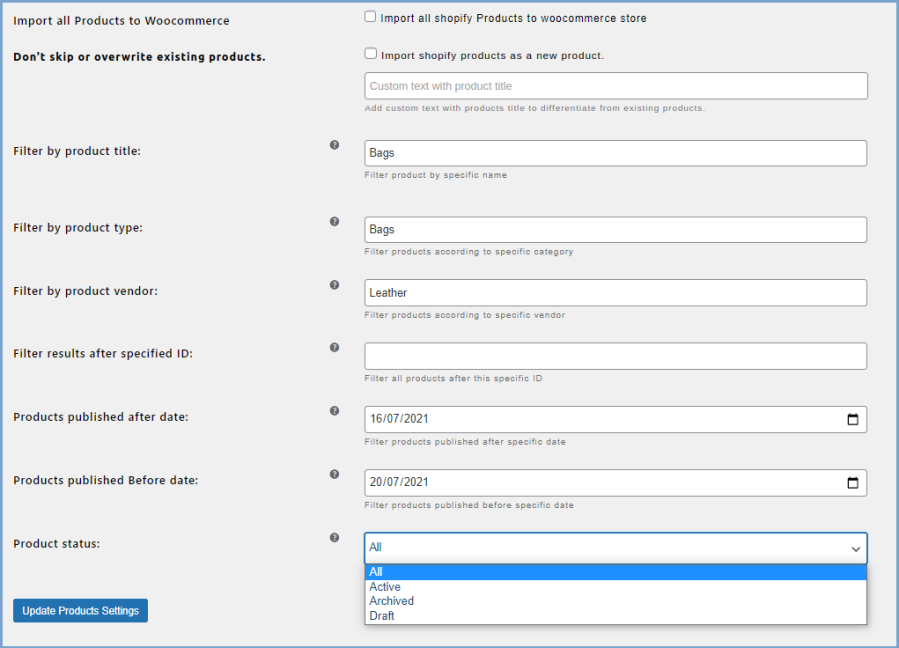 Import specific products using filters