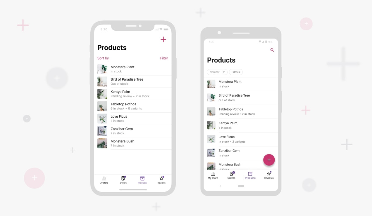 screenshots of adding products in the Woo mobile app