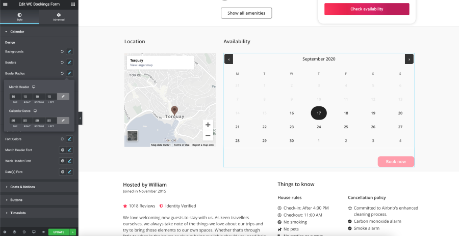 An example of styling the calendar header and available dates in WooCommerce Bookings