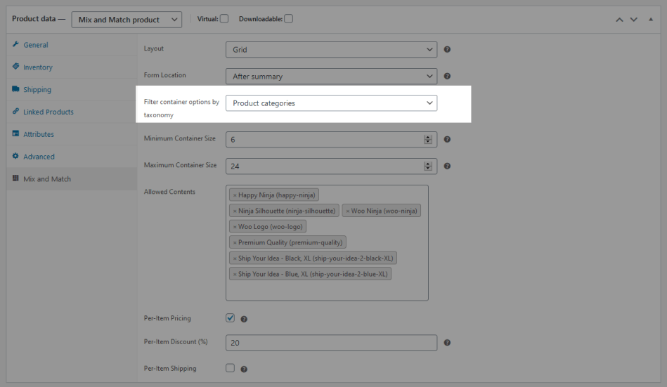 Screenshot of the mix and match metabox highlighting a dropdown option with the label "filter container options by taxonomy" and the current selection of "product categories"