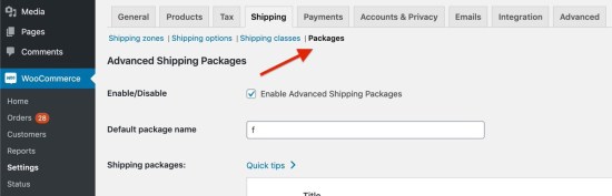 Advanced Shipping Packages settings ection