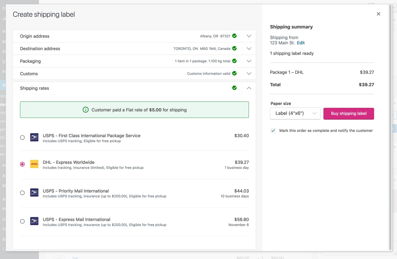 purchasing a DHL shipping label with WooCommerce Shipping