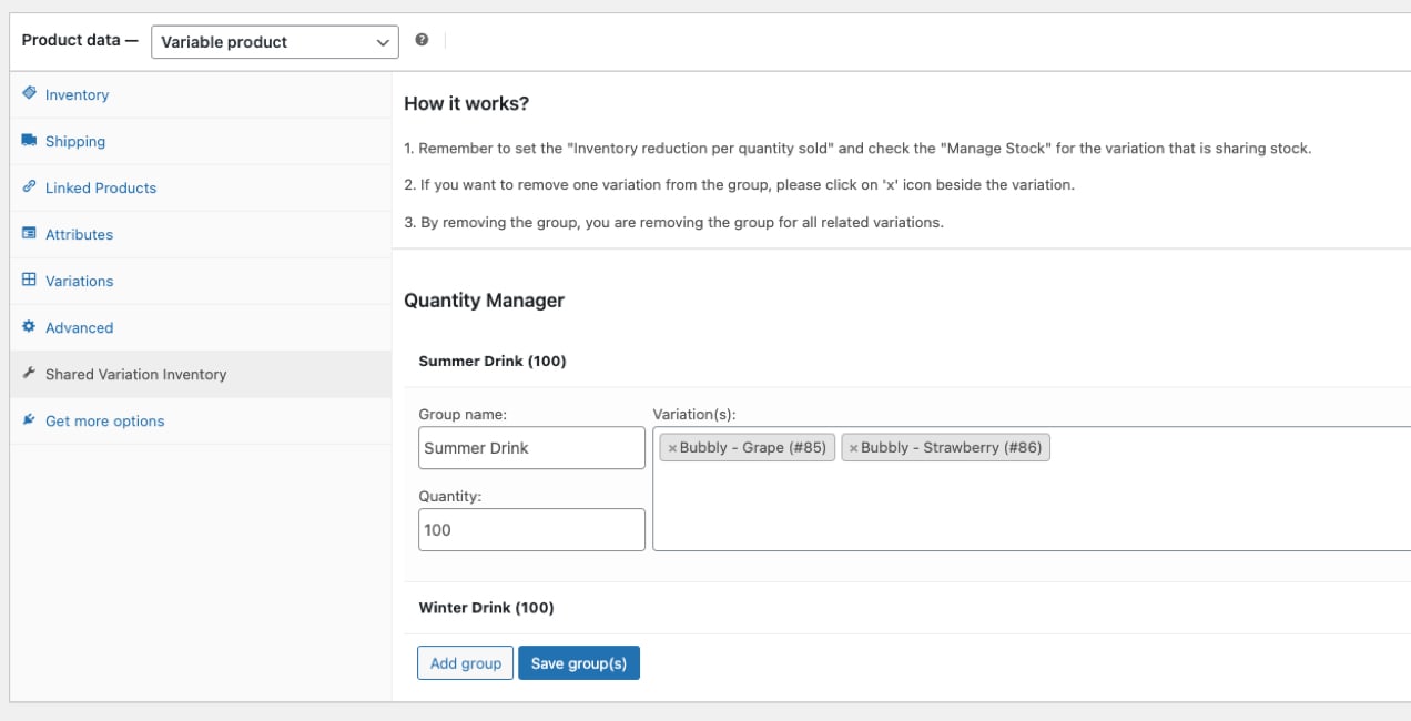 setting shared variation inventory