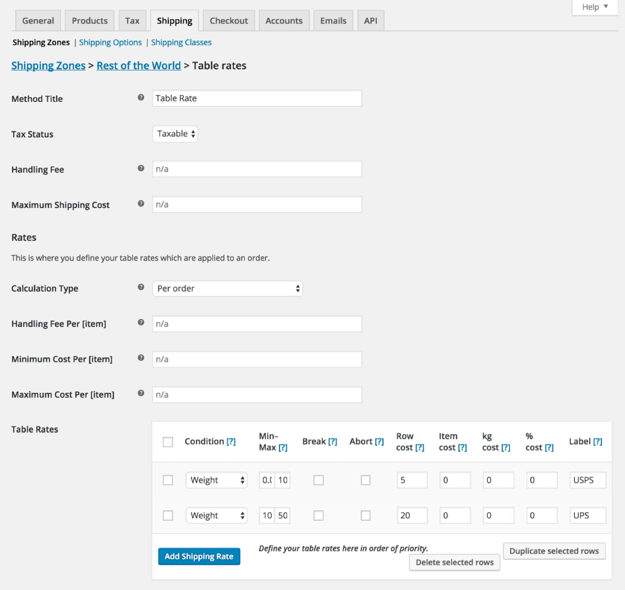 table rate shipping based on product weight