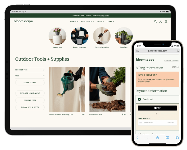 Bloomscape.com displayed on an iPad and iPhone with Apple Pay as a checkout option.