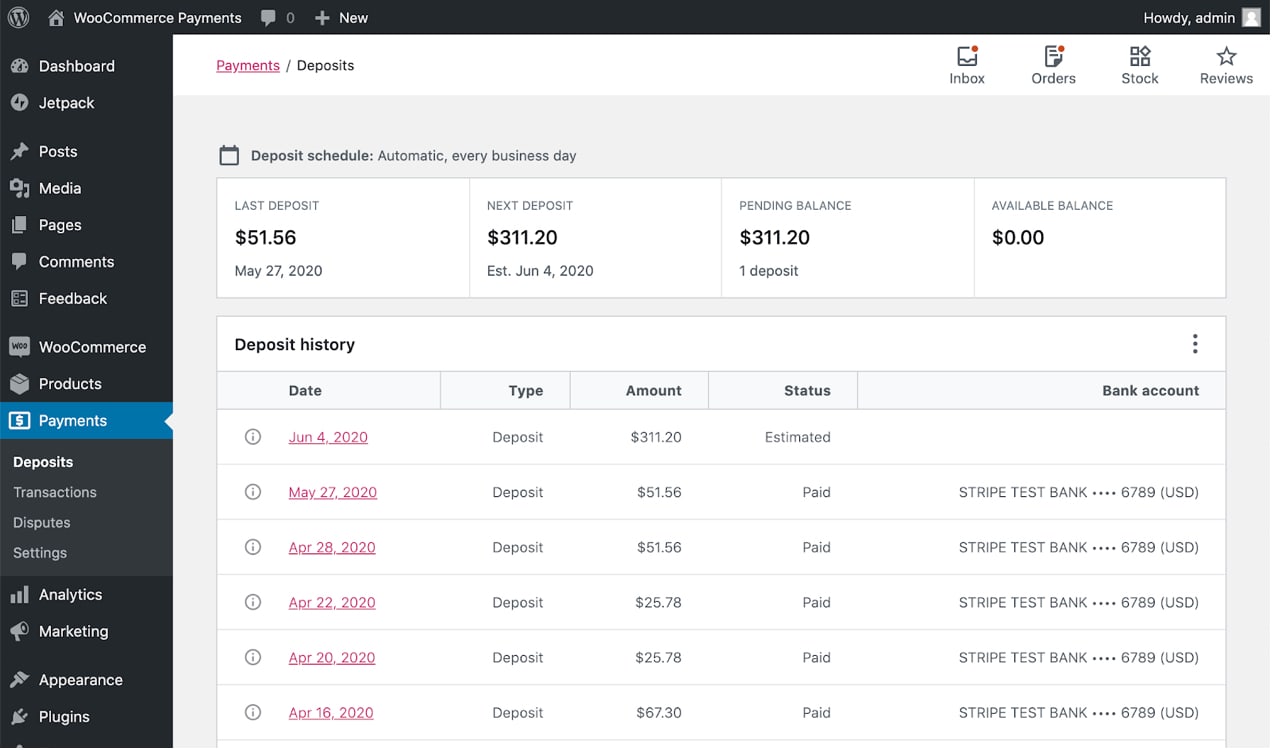 screenshot of WooPayments dashboard