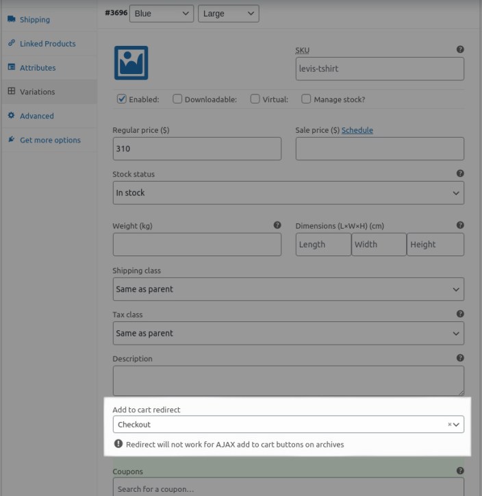 Add to cart redirect setting for variation - Cashier