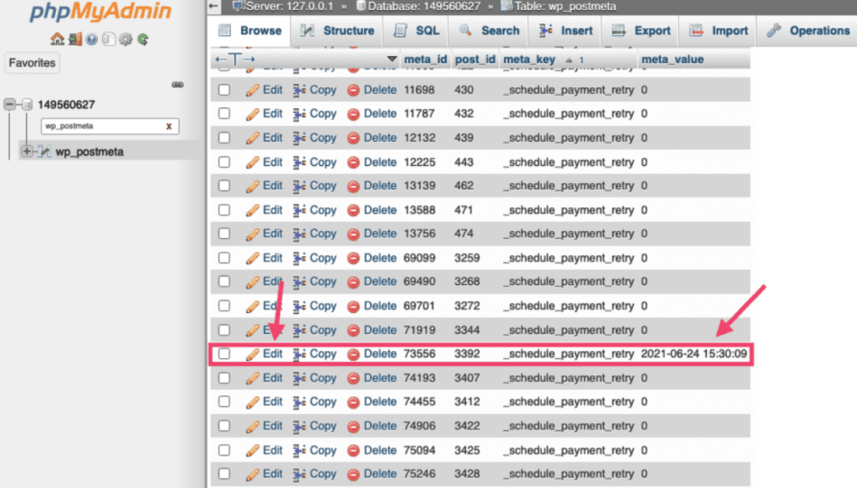 Modifying the 'meta_value' to alter the payment retry schedule.