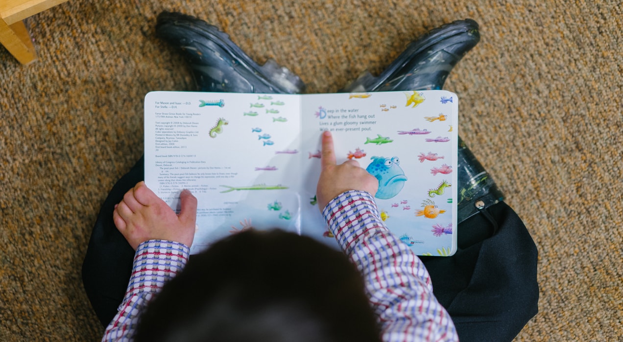 child on the floor reading a book about fish