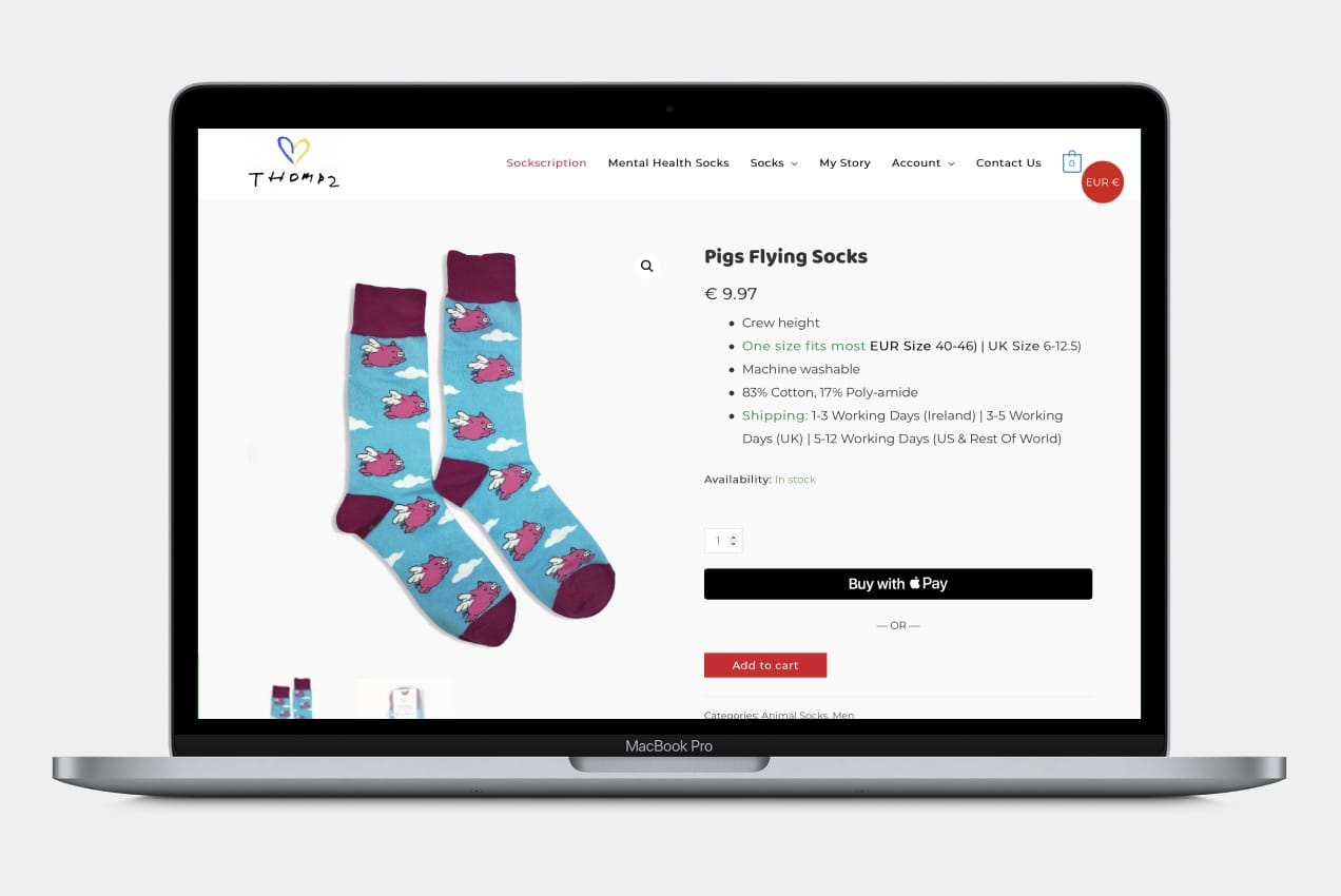 Screenshot WooCommerce Apple Pay website showing Thomas's Trendy Socks product page