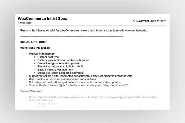 Excerpt from an email sent in 2010 containing the initial spec for WooCommerce 