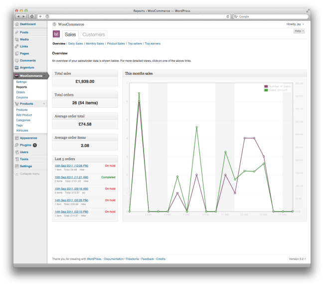 A sales report from WooCommerce 1.0