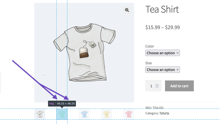 A store's product thumbnail image highlighted using a browser's 'Inspect element' tool.