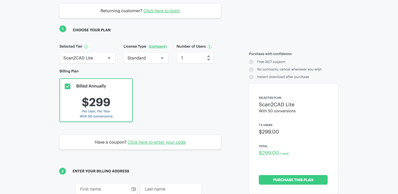 Scan2CAD checkout process