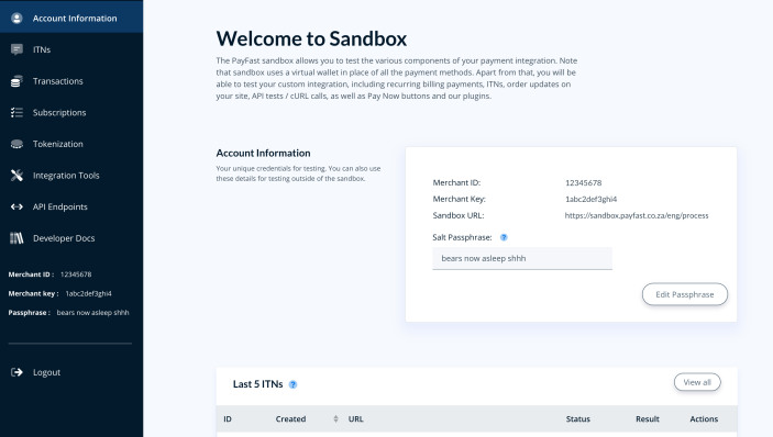 Sandbox settings screen in a user's Payfast account dashboard. 