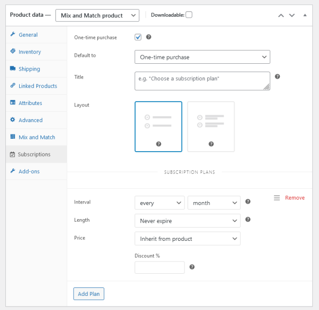 Mix and Match subscription plans admin UI, showing 1 monthly plan.