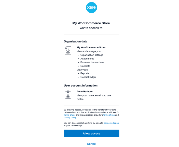 You will be asked to grant access for your Xero application, and will be informed about the scope of required permissions and asked to accept.