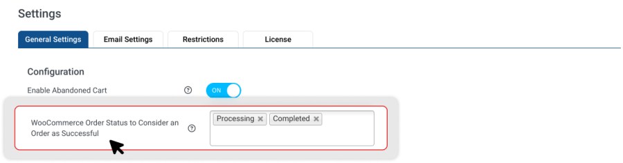 Choose WooCommerce order status to indicate that a previously abandoned cart has been recovered 