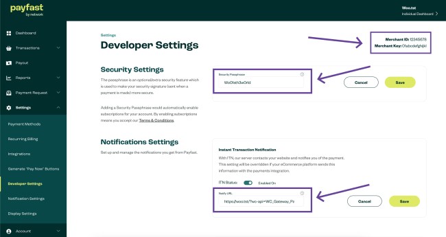 Developer Settings screen displayed in a user's Payfast account dashboard.