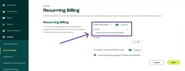 Recurring Billing screen displayed in a user's Payfast account dashboard.