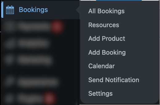 The bookings sub-menu.