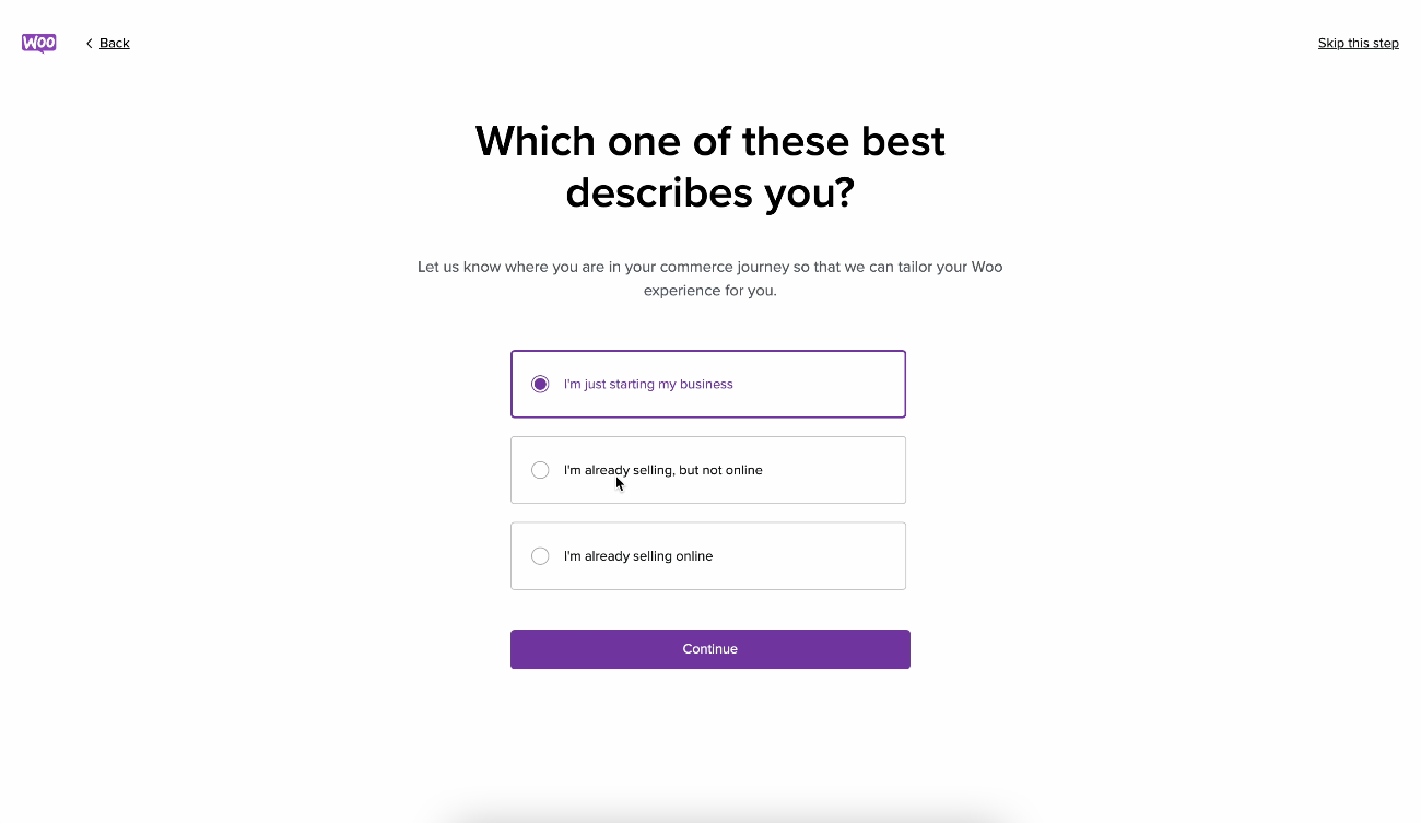 A screenshot of the Woo Express onboarding guide asking the user to describe where they are in their commerce journey.