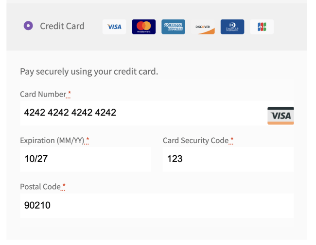 An example of the payment gateway form added to WooCommerce checkout with Clover for WooCommerce