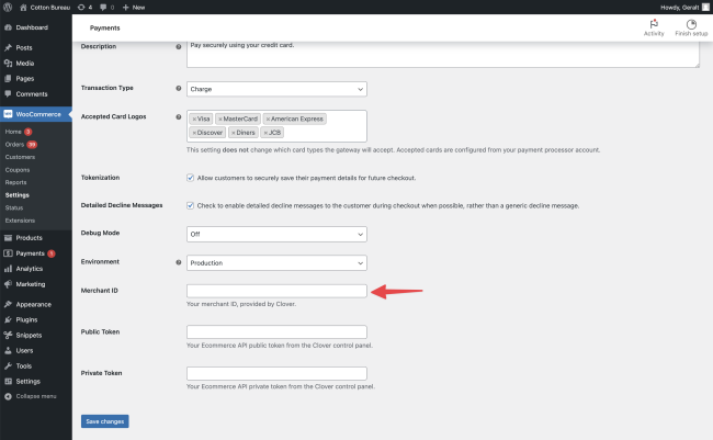 The Clover for WooCommerce payment gateway settings, highlighting the location where you should save your merchant ID