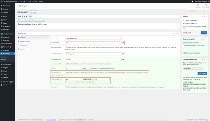 Screenshot of the Coupon data "General" settings.