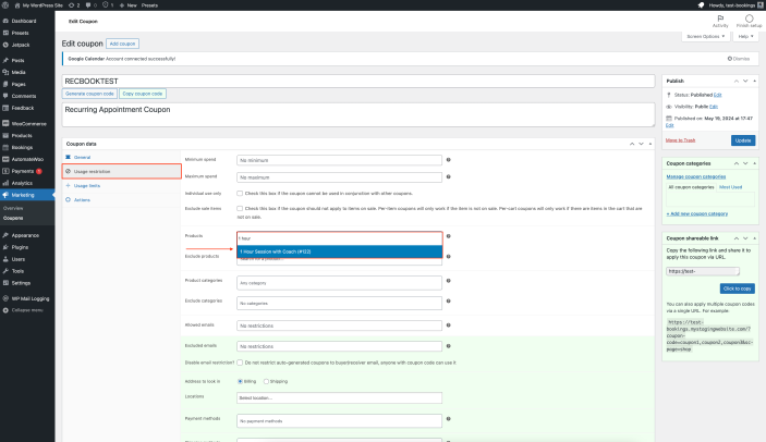 Screenshot of the Coupon data "Usage restriction" settings.