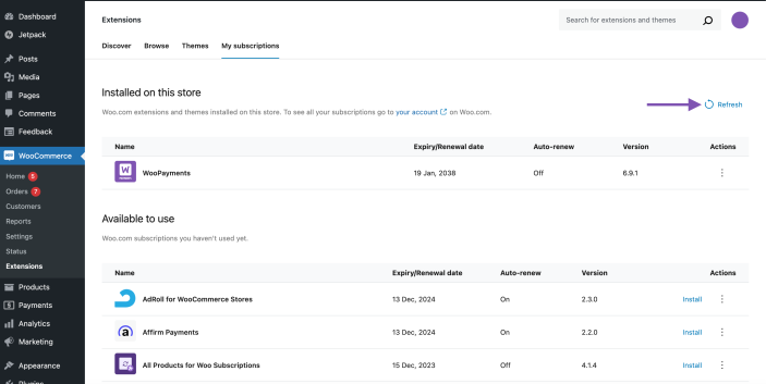 The 'Refresh' button at the top right of WP Admin → WooCommerce → Extensions → My Subscriptions.