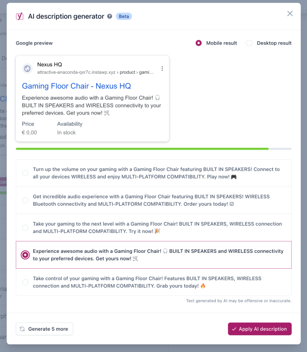 Screenshot of the AI functionality in Yoast WooCommerce SEO 