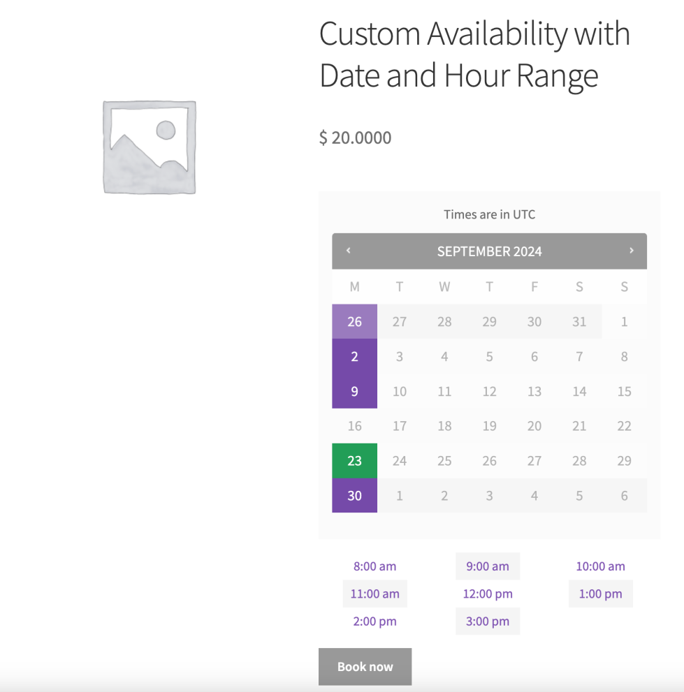 This image shows the customer view of a bookable product with custom availability and a restricted date